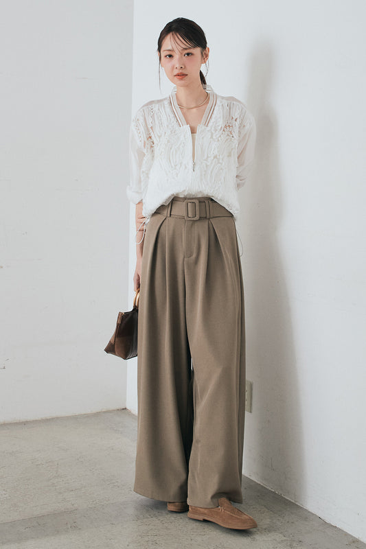 [SET]モチーフ付きシアーブルゾン+ベルト付きツータックワイドパンツ+ベルト付きツータックワイドパンツ(3set)