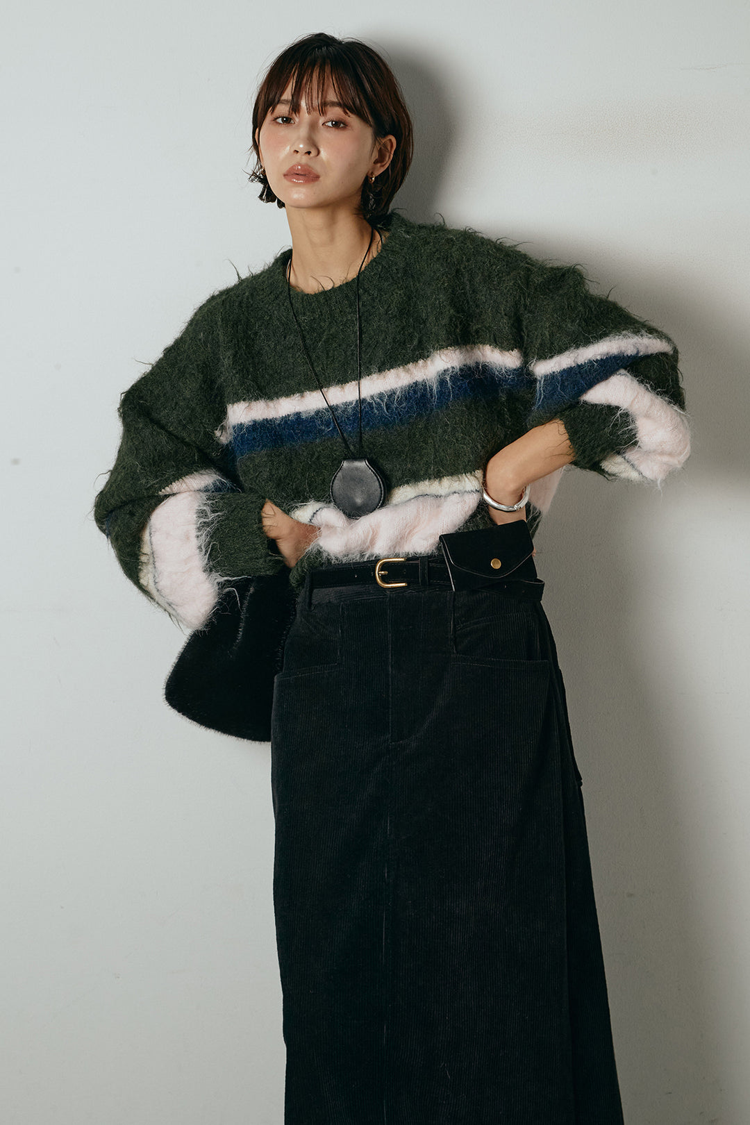 [SET]起毛配色マルチボーダーニットトップス+ポーチベルト付きコーデュロイワイドスカート(2set)