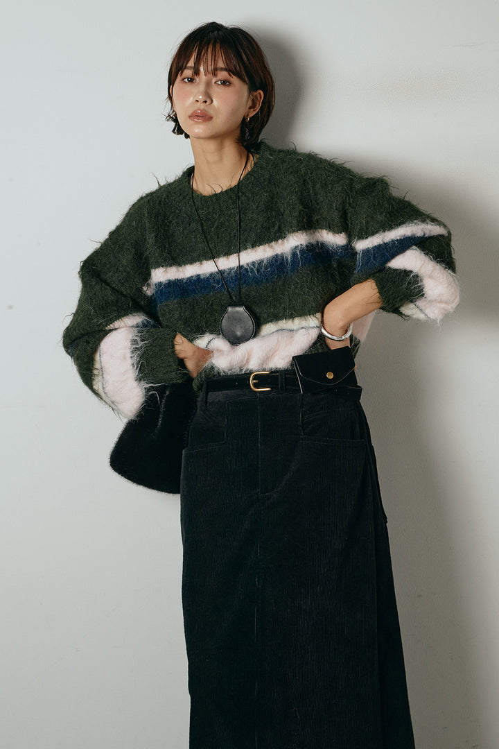 [SET]起毛配色マルチボーダーニットトップス+ポーチベルト付きコーデュロイワイドスカート(2set)