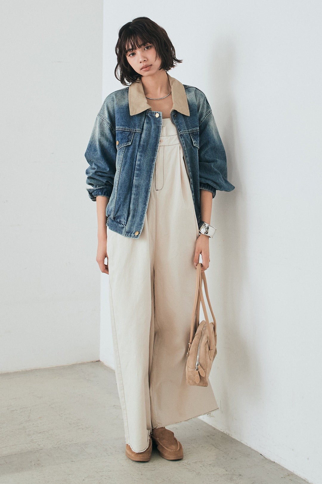 [SET]襟切り替えジップデニムジャケット+綿ツイルアシメサロペット(2set)