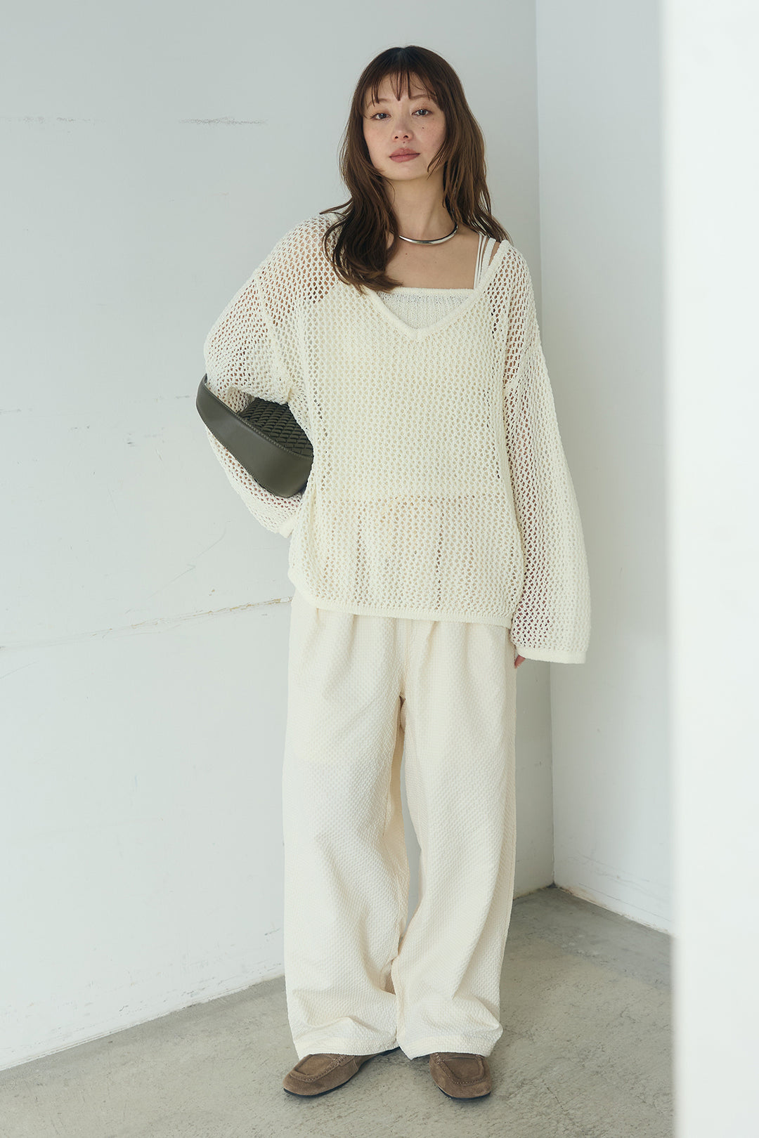 [SET]メッシュ編みビスチェセットVネックプルオーバー+シアサッカーイージーパンツ(2set)