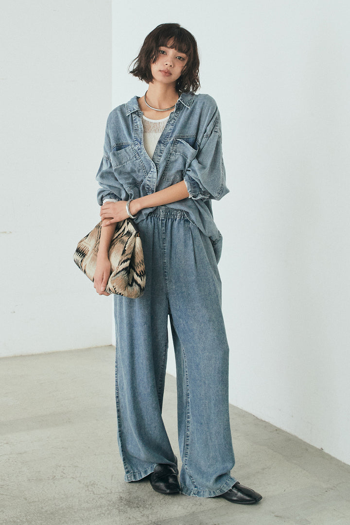 【着回しセット】[SET]テンセルデニムシャツ+テンセルデニムイージーワイドパンツ+ナイロンデニムドッキングブルゾン(3set)