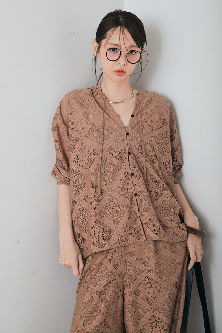 [SET]ブロックレースフード付きブラウス+リラックスブロックレースワイドパンツ(2set)