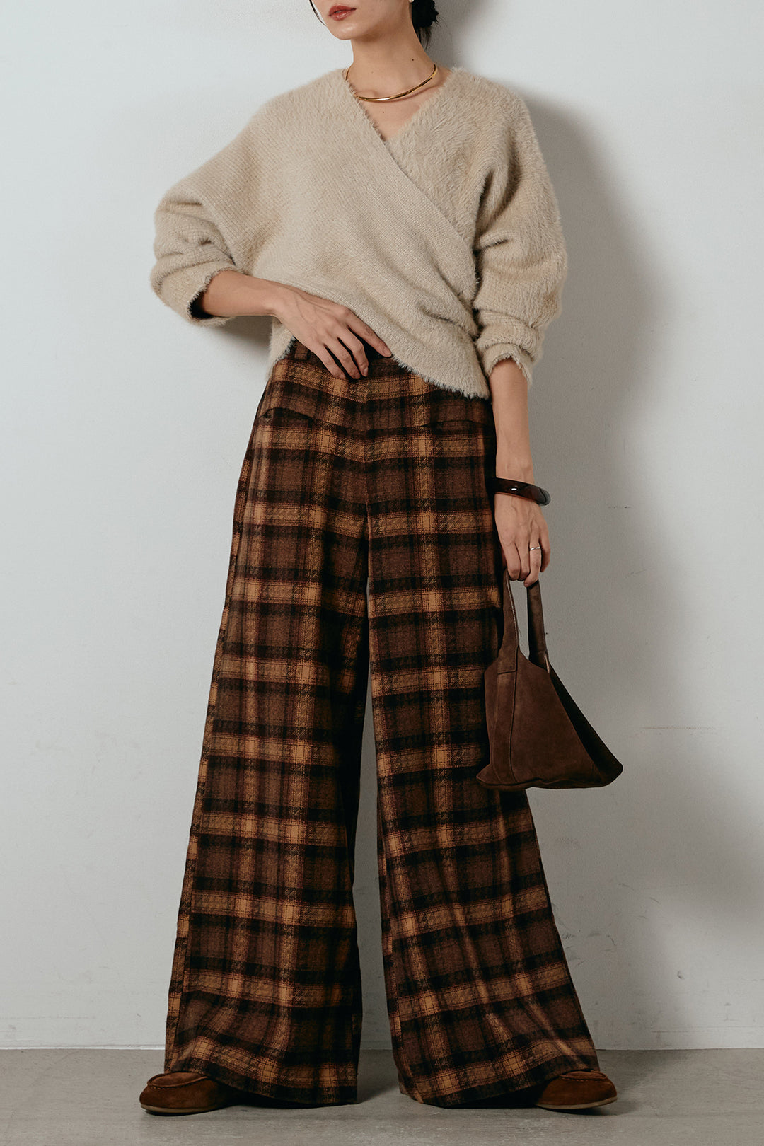 [SET]シャギーカシュクールニットトップス+ルーズタータンチェックワイドパンツ(2set)