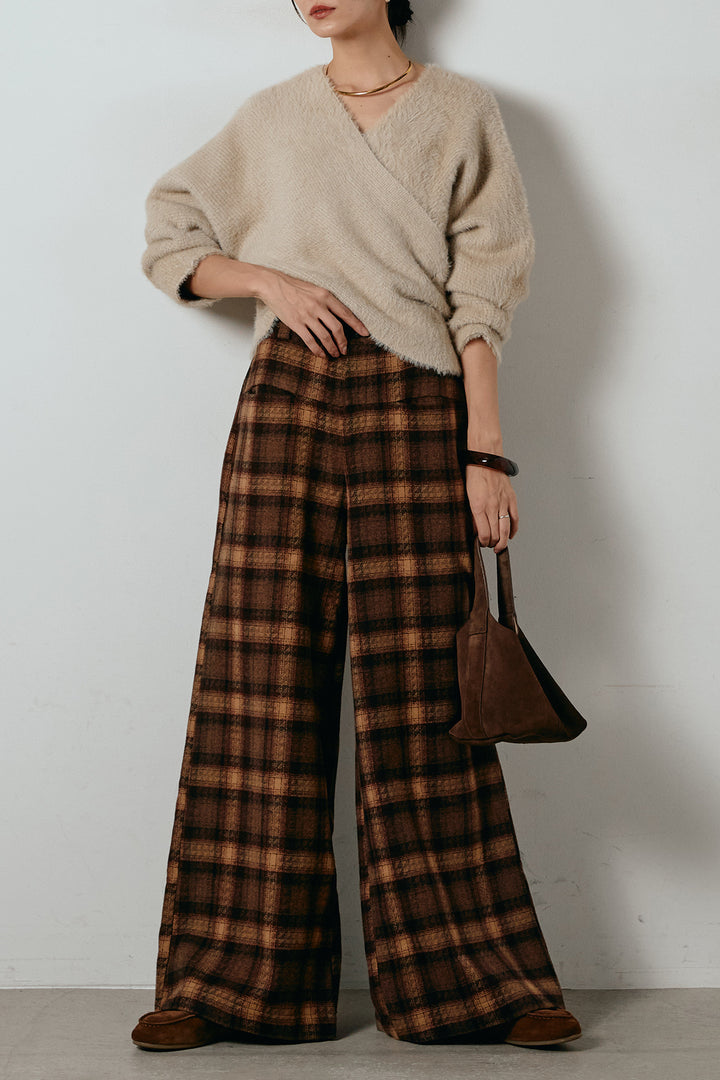 [SET]シャギーカシュクールニットトップス+ルーズタータンチェックワイドパンツ(2set)
