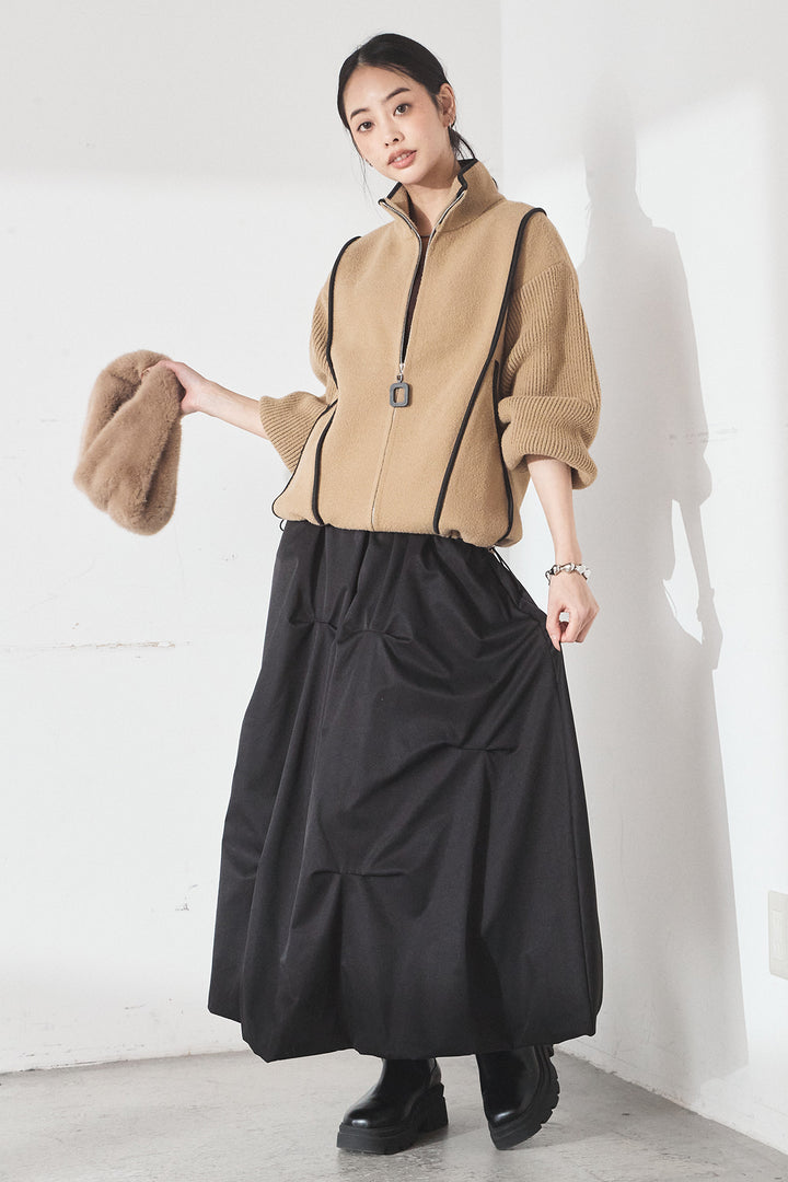 [SET]ハイネックパイピングデザインブルゾン+ランダムタックバルーンスカート(2set)