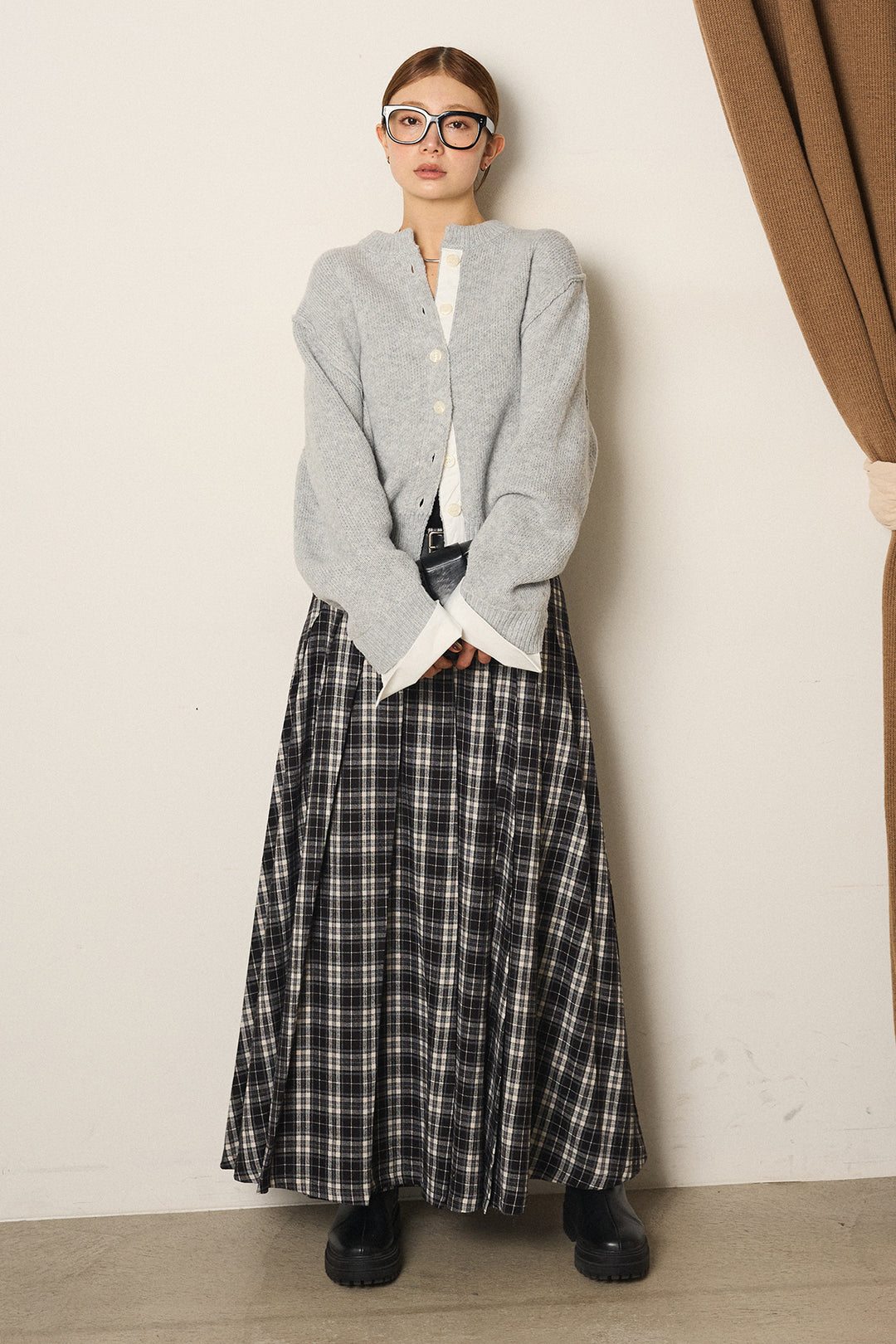[SET]シャツドッキングニットカーディガン+ベルト付きタータンチェックプリーツスカート(2set)