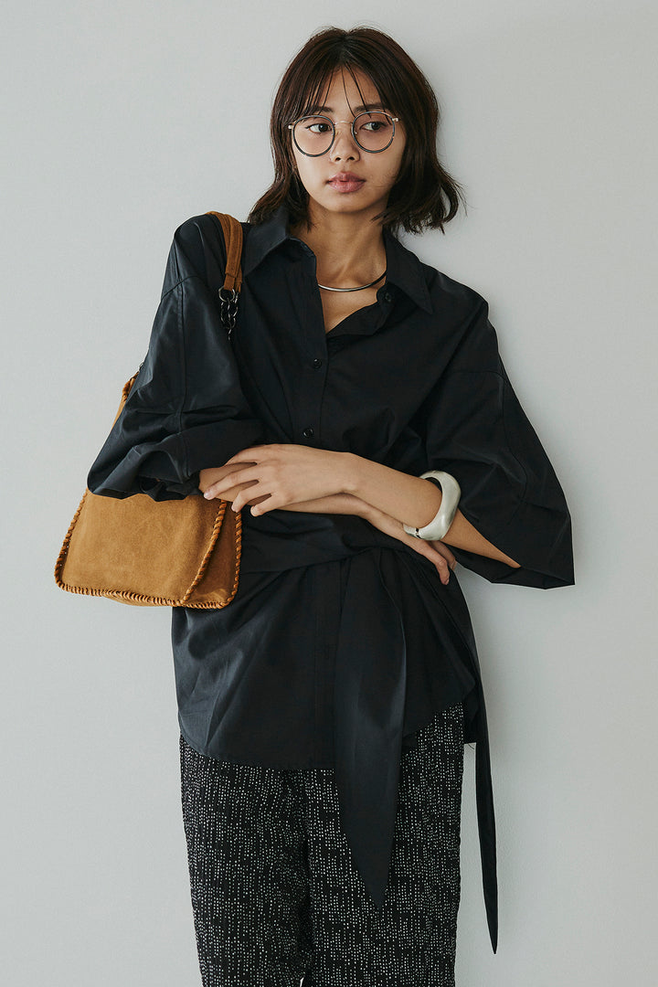 [SET]襟付き巻きデザインシャツ+シアーランダムドットラフパンツ(2set)