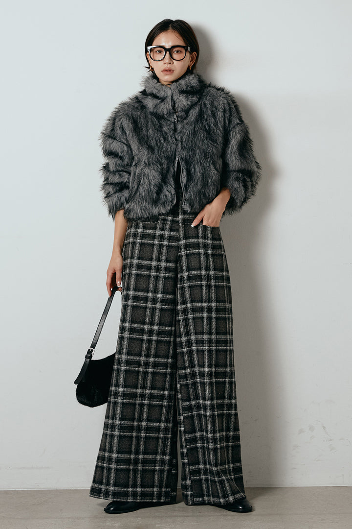 [SET]エコファーショート丈ブルゾン+ルーズタータンチェックワイドパンツ(2set)