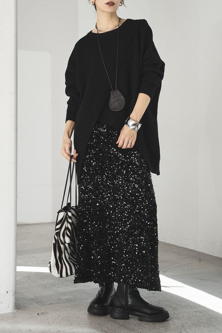 [SET]アシンメトリーデザインニットトップス+スパンコールニットワイドスカート(2set)