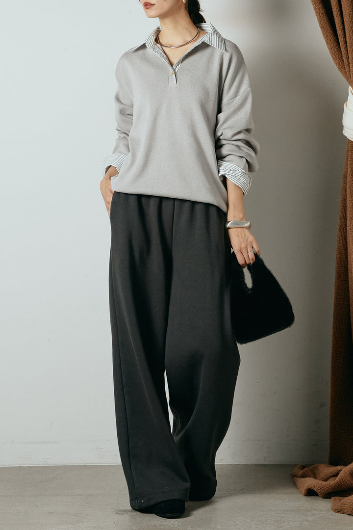 [SET]ストライプシャツドッキングポロトップス+裏起毛スウェットワイドパンツ(2set)