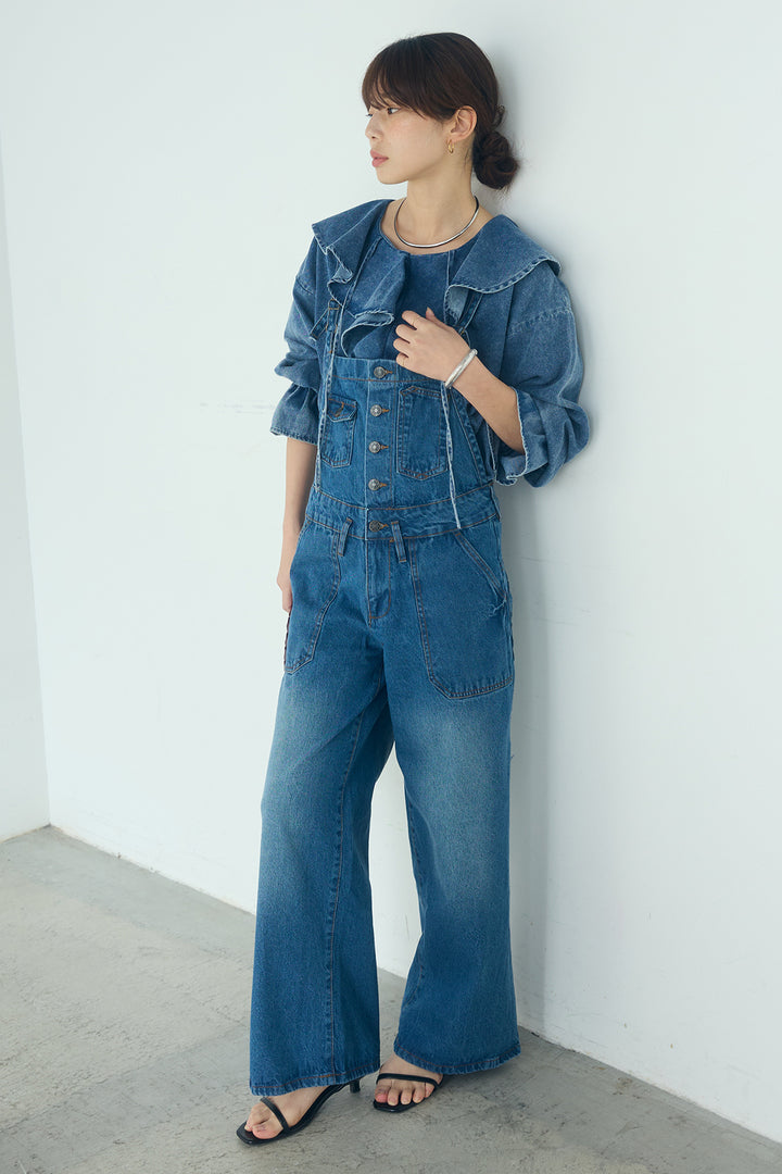 [SET]デニムフリルブラウス+デニムサロペットワイドパンツ(2set)