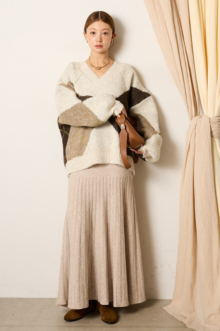 [SET]ルーズアーガイルVネックニット+編み地切り替えフレアニットスカート(2set)