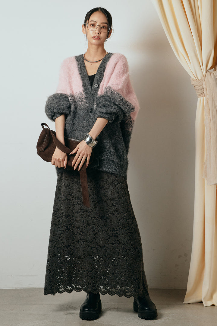 [SET]起毛グラデーションニットカーディガン+花柄刺繍ベロアフレアスカート(2set)