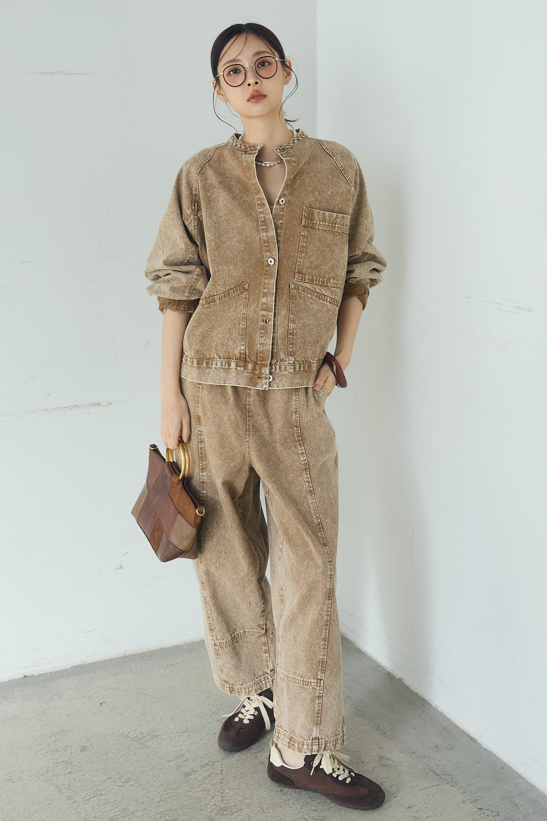 [SET]カラーデニムケミカル加工ノーカラーブルゾン+カラーデニムケミカル加工コクーンパンツ(2set)