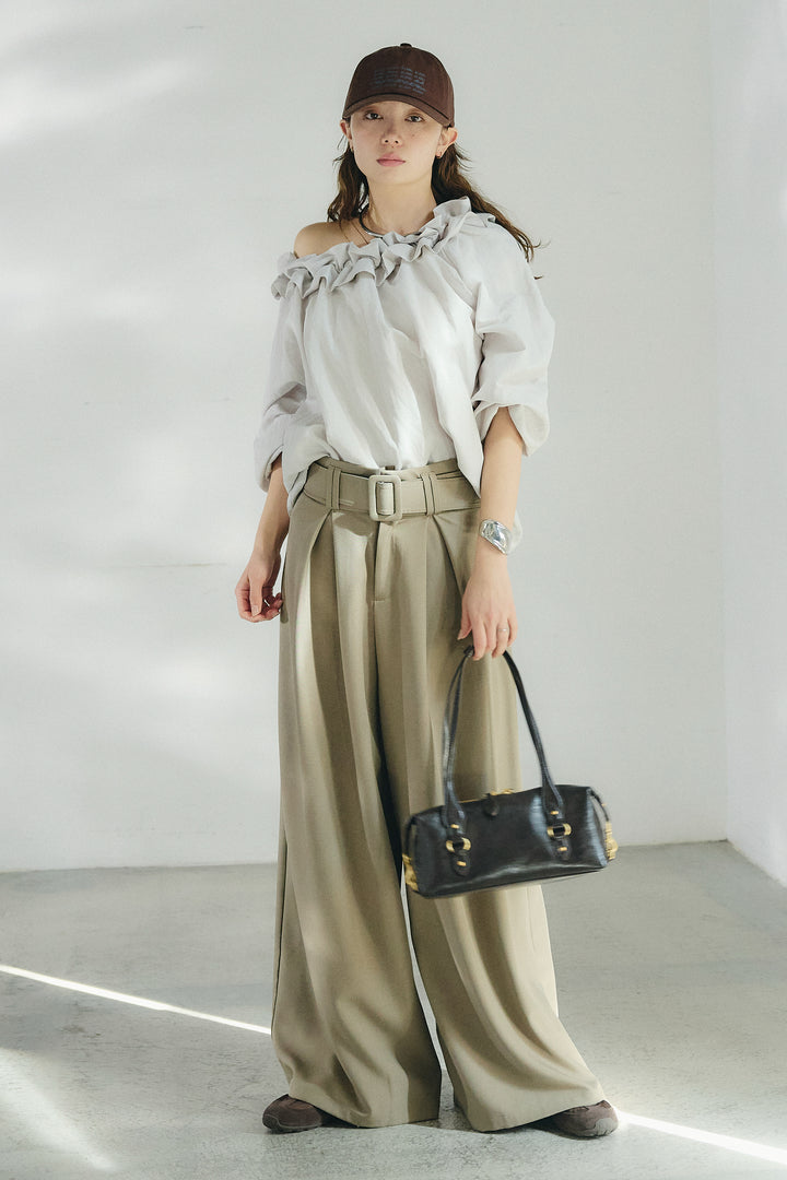 [SET]ネックフリルデザインブラウス+ベルト付きツータックワイドパンツ(2set)