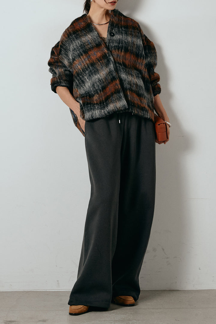 [SET]ノーカラーシャギーチェックアウター+裏起毛スウェットワイドパンツ(2set)