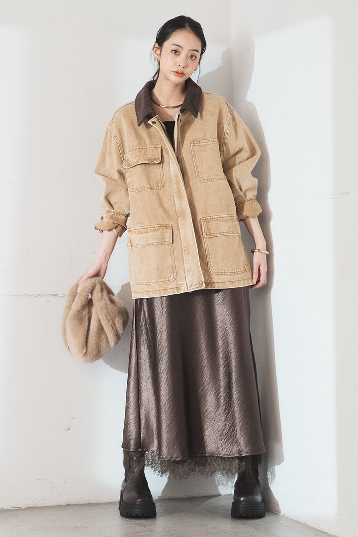 [SET]襟コーデュロイジップデニム調カバーオール+裾レースデザインサテンスカート(2set)