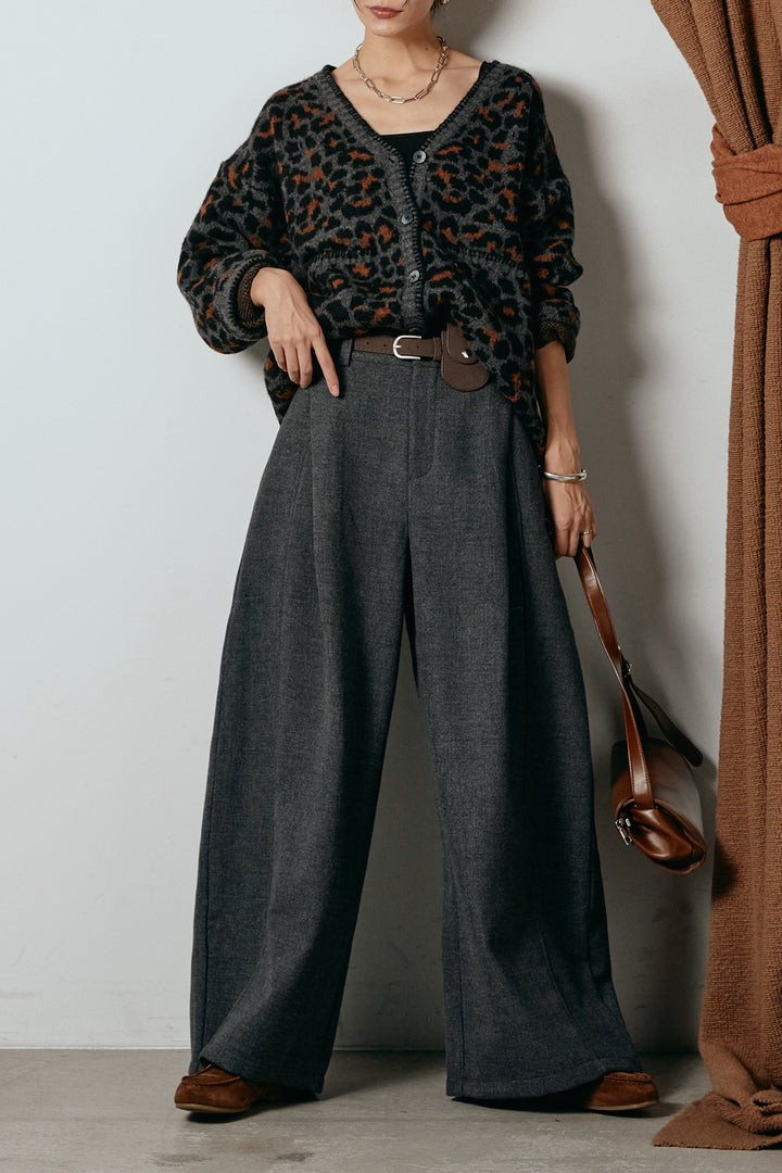[SET]ステッチデザインレオパードニットカーディガン+ポーチベルト付きカーブパンツ(2set)