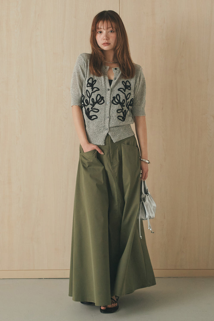 [SET]フロントテープデザイン半袖カーディガン+ミリタリーツイルタックフレアスカート(2set)