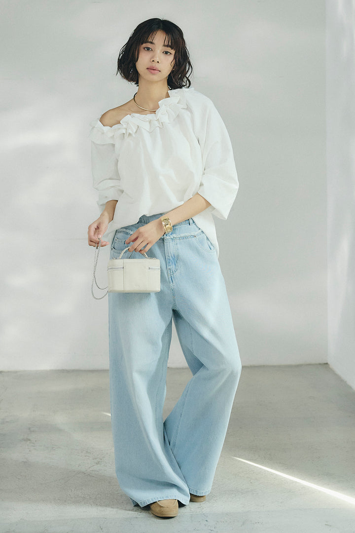 [SET]ネックフリルデザインブラウス+ウエスト裁ち切りデニムワイドパンツ(2set)