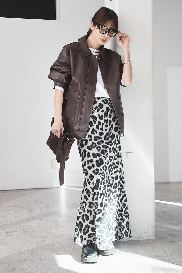 [SET]レザーライクオーバーサイズブルゾン+レオパードサテンナロースカート(2set)