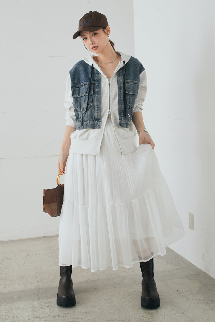 [SET]デニム切替ポンチダブルジップパーカー+ボリュームシルエットチュールスカート(2set)