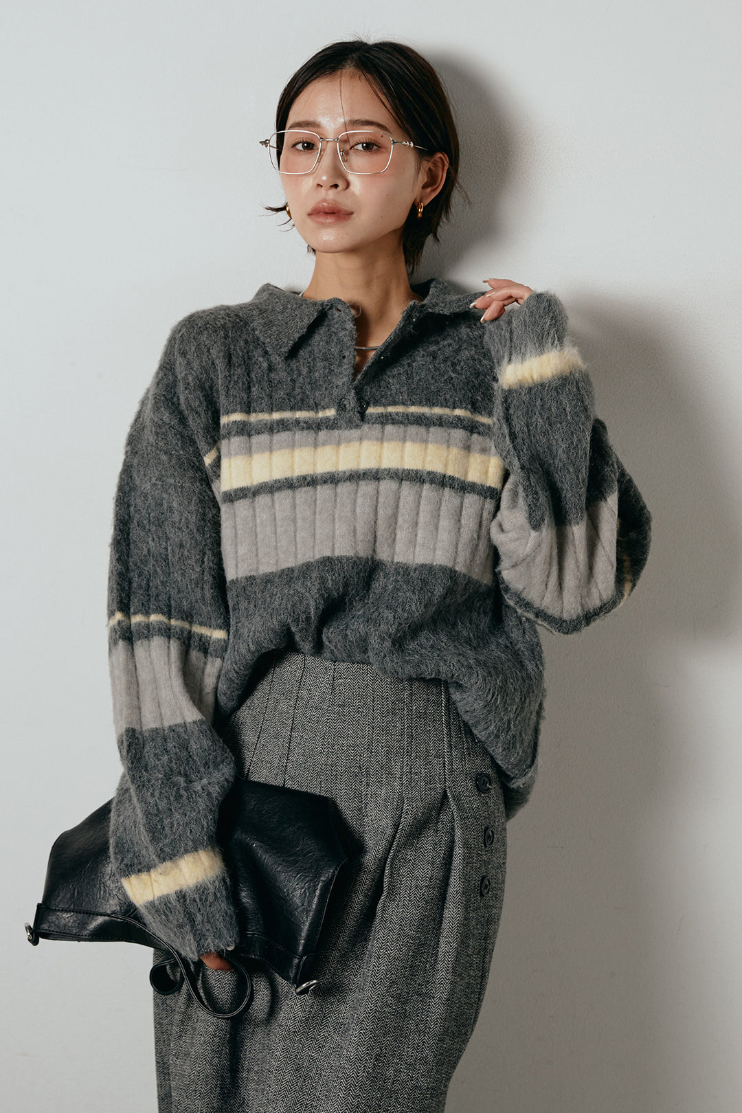 アルパカタッチボーダーポロニット/チャコール