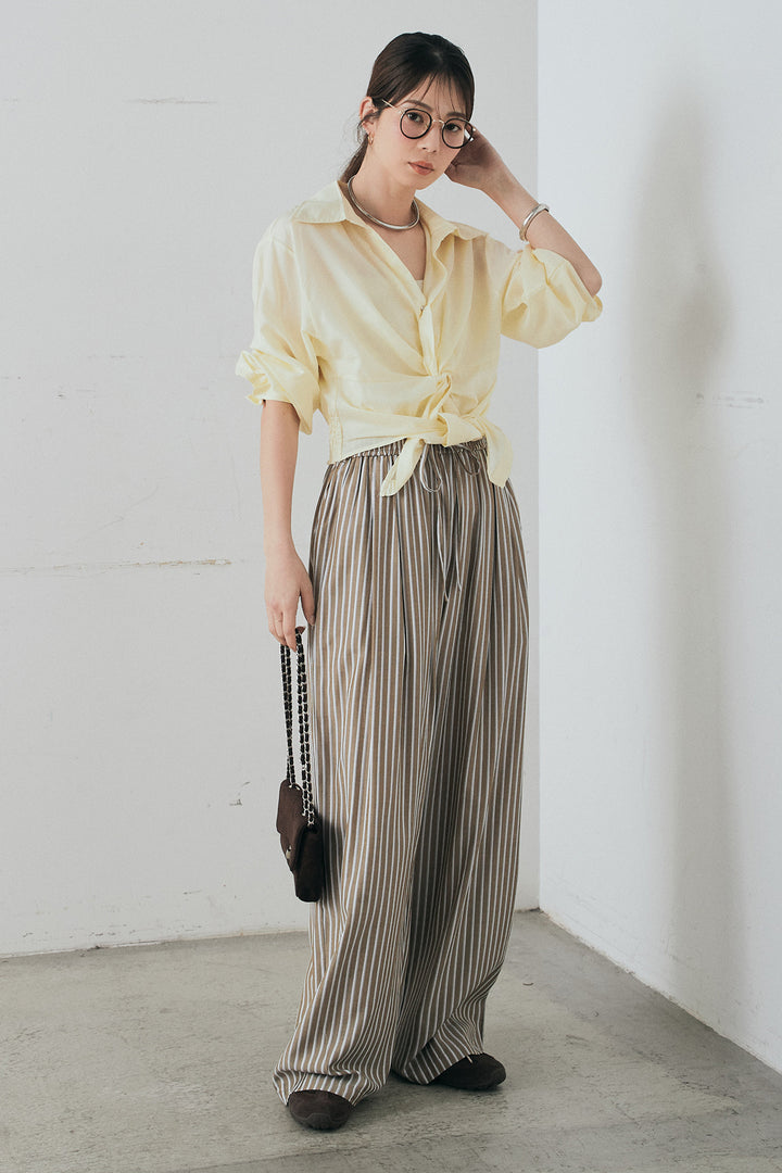[SET]裾巻きツイストデザインシャツ+レーヨンストライプイージーワイドパンツ(2set)