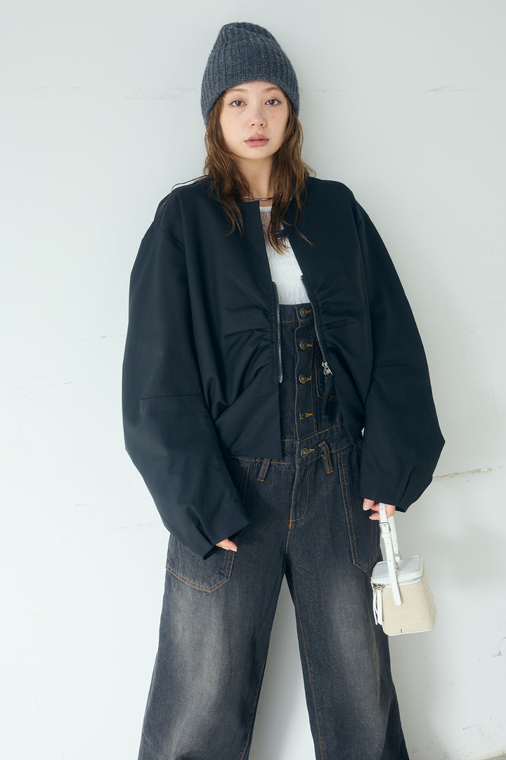 [SET]ノーカラーフロントギャザージップアウター+デニムサロペットワイドパンツ+ストレッチレースクルーネックインナー(3set)