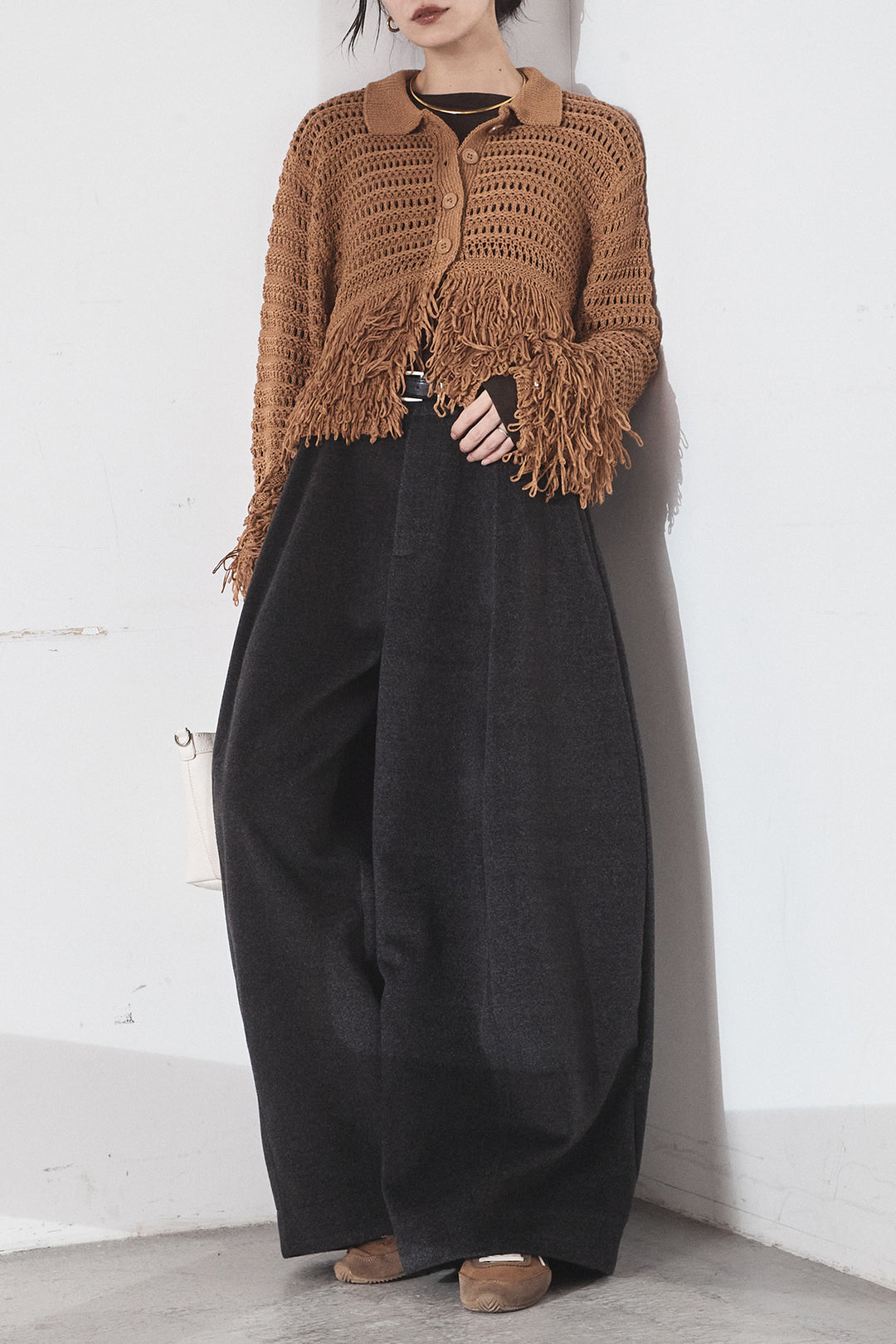 [SET]メッシュフリンジカーディガン+ウールタッチカーブワイドパンツ(2set)