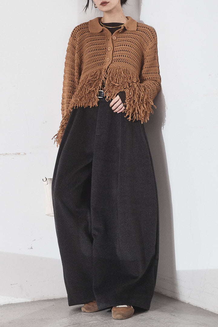 [SET]メッシュフリンジカーディガン+ウールタッチカーブワイドパンツ(2set)