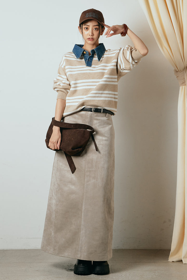 [SET]デニムレイヤード風ランダムボーダーニットプルオーバー+エコスウェードワイドスカート(2set)