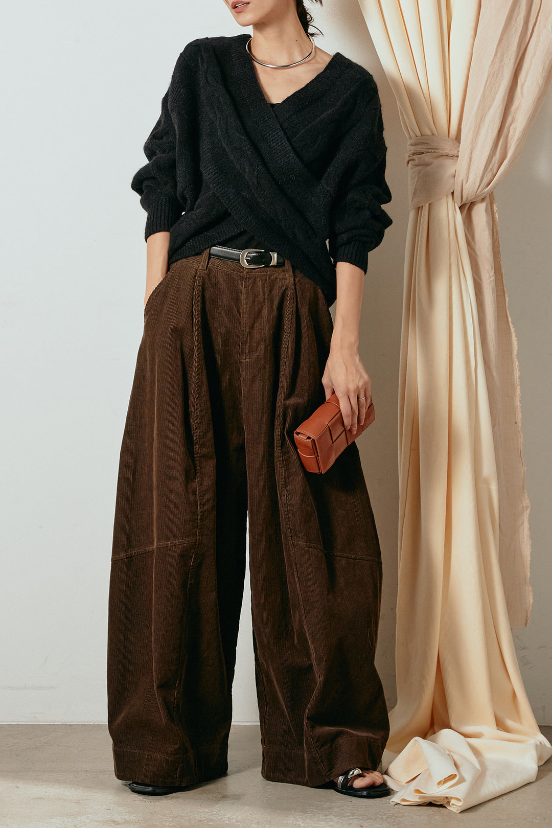 [SET]ケーブルカシュクールニットトップス+タック入りコーデュロイワイドパンツ(2set)