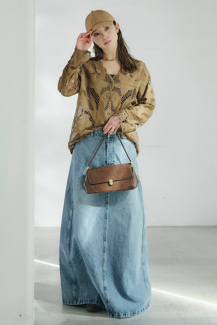 [SET]フラワー刺繍レースブラウス+デニムロングフレアスカート(2set)