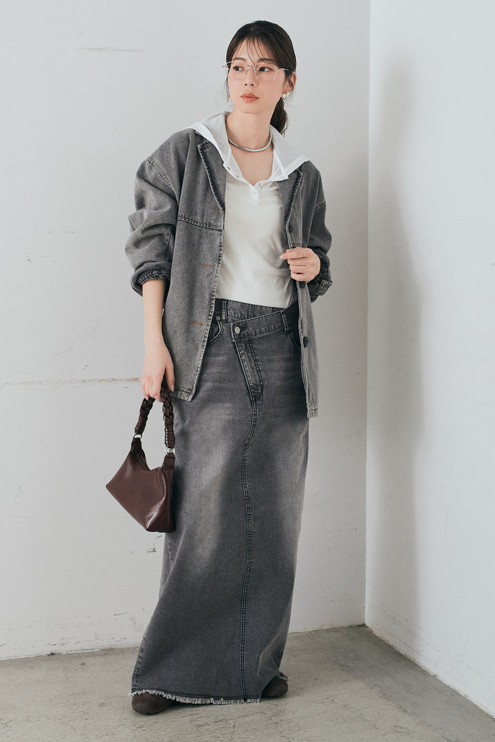 [SET]オーバーデニムジャケット+ウエストクロスデニムタイトスカート+シアーリブフーディプルオーバー(3set)