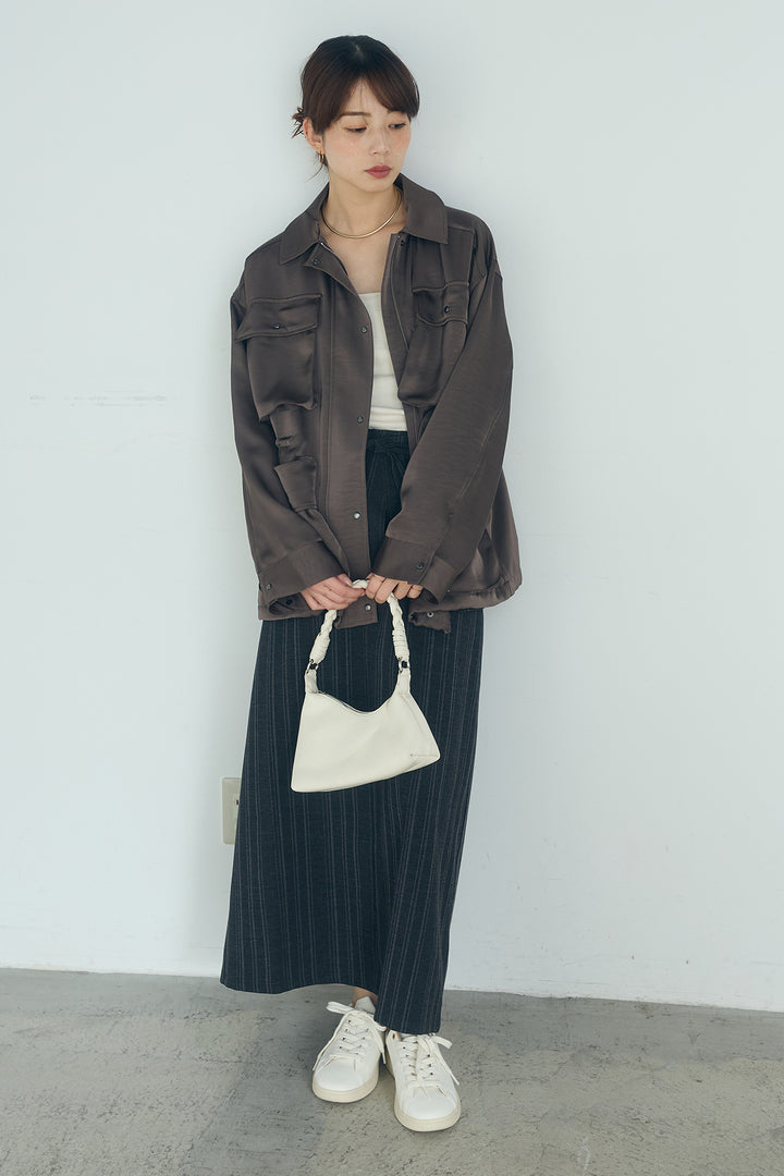 [SET]サテンライトブルゾン+ラップ巻きピンストライプワイドスカート(2set)