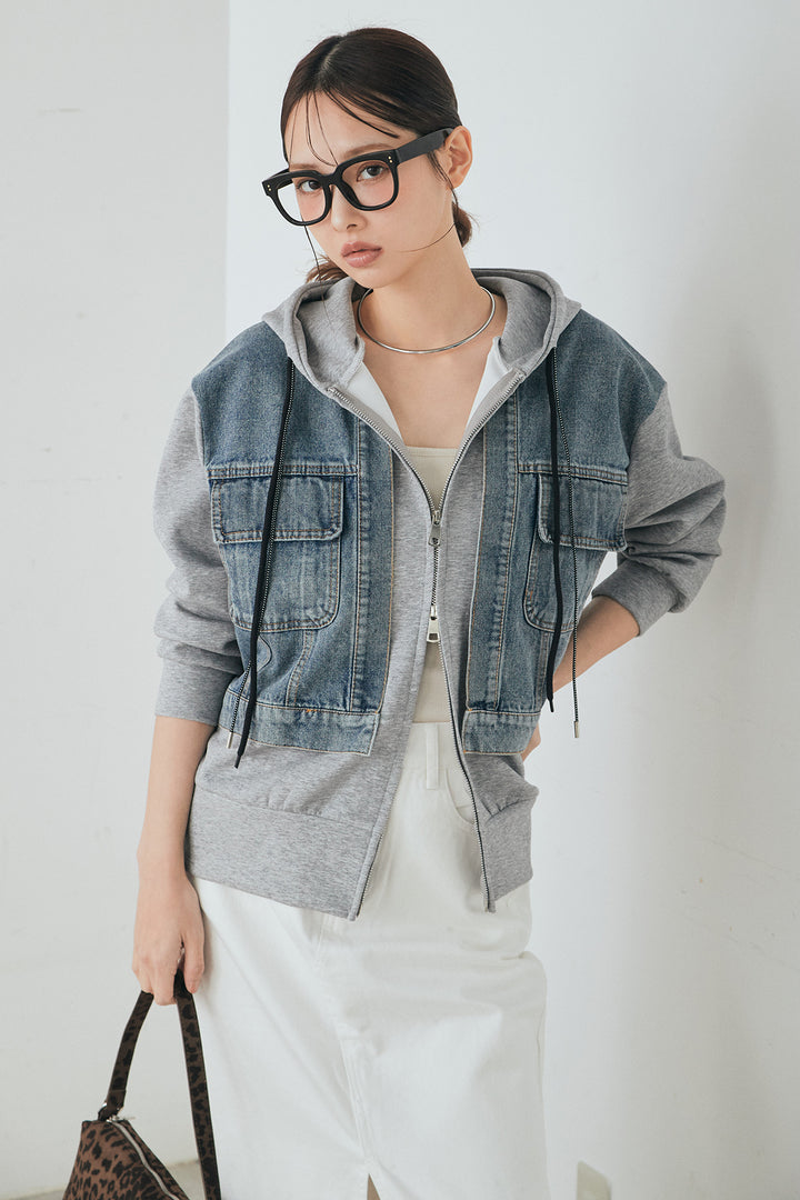 [SET]デニム切替ポンチダブルジップパーカー+裾レースデザインデニムスカート(2set)