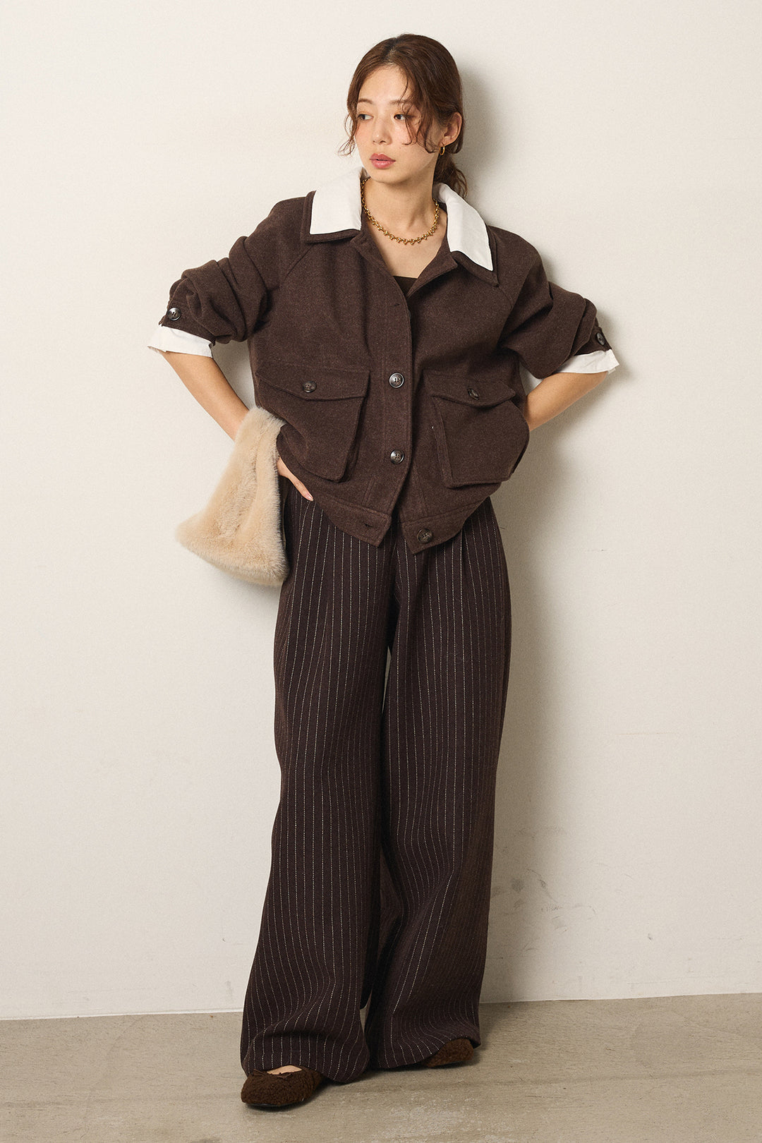 [SET]衿レイヤードフェイクウールジャケット+ウールライクストライプパンツ(2set)
