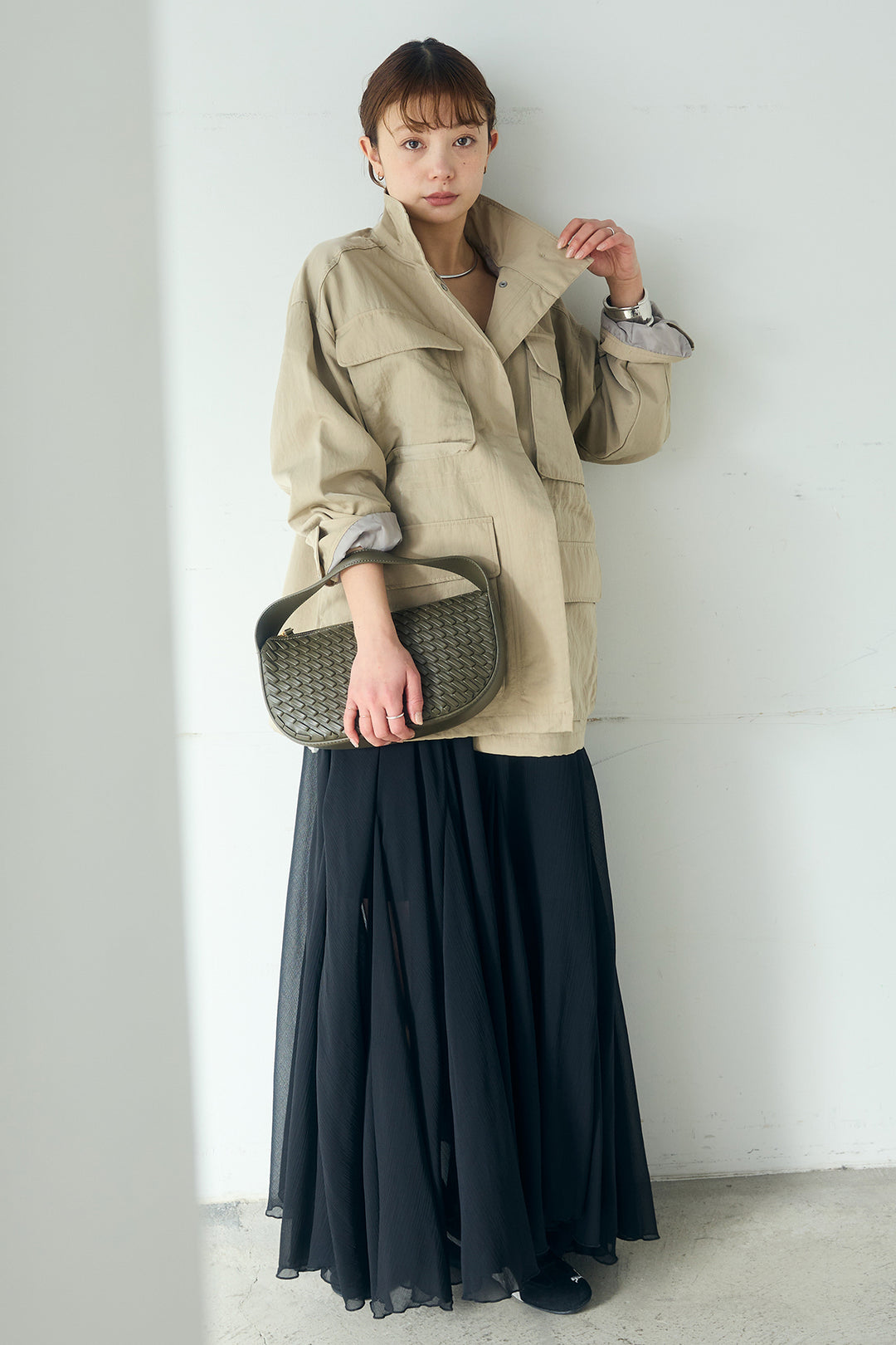 [SET]ナイロンツイルフィールドジャケット+シアーフリルキャミワンピース(2set)