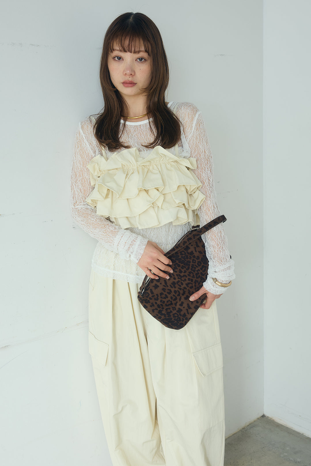 [SET]ストレッチレースクルーネックインナー+撥水フリルビスチェ+撥水ジョガーパンツ(3set)