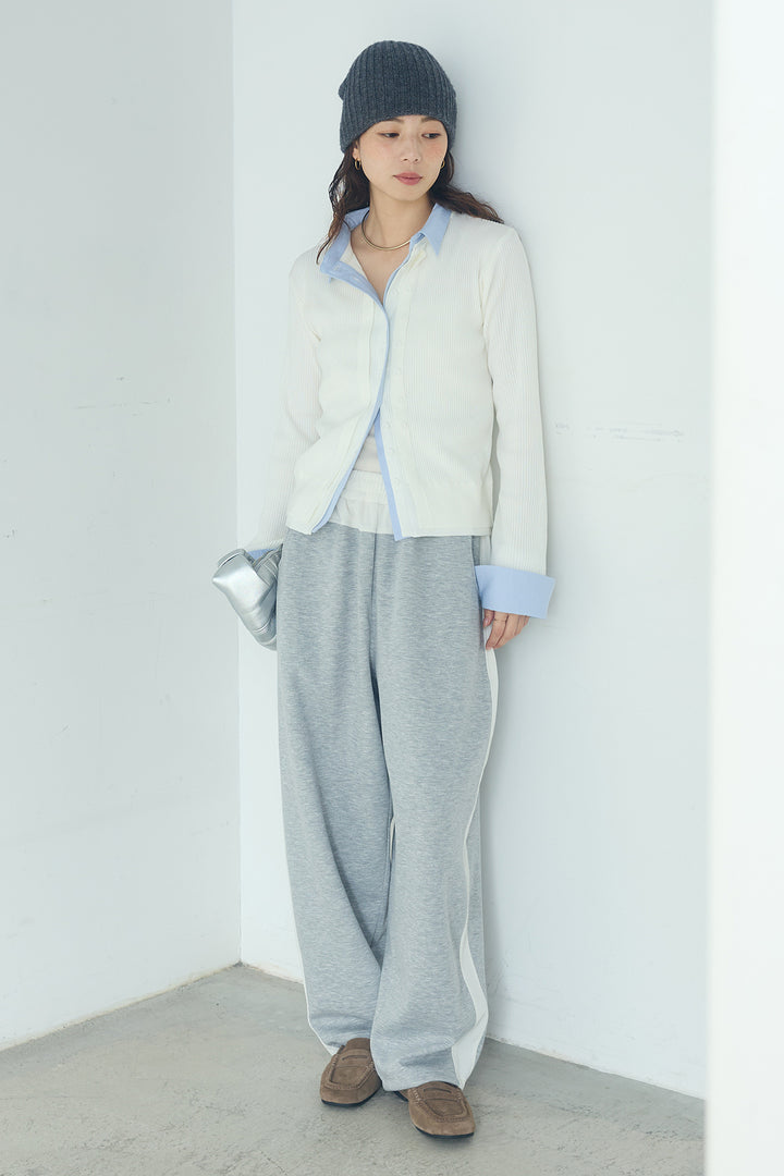 [SET]シャツドッキングボタンニットカーディガン+異素材切り替えスウェットパンツ(2set)