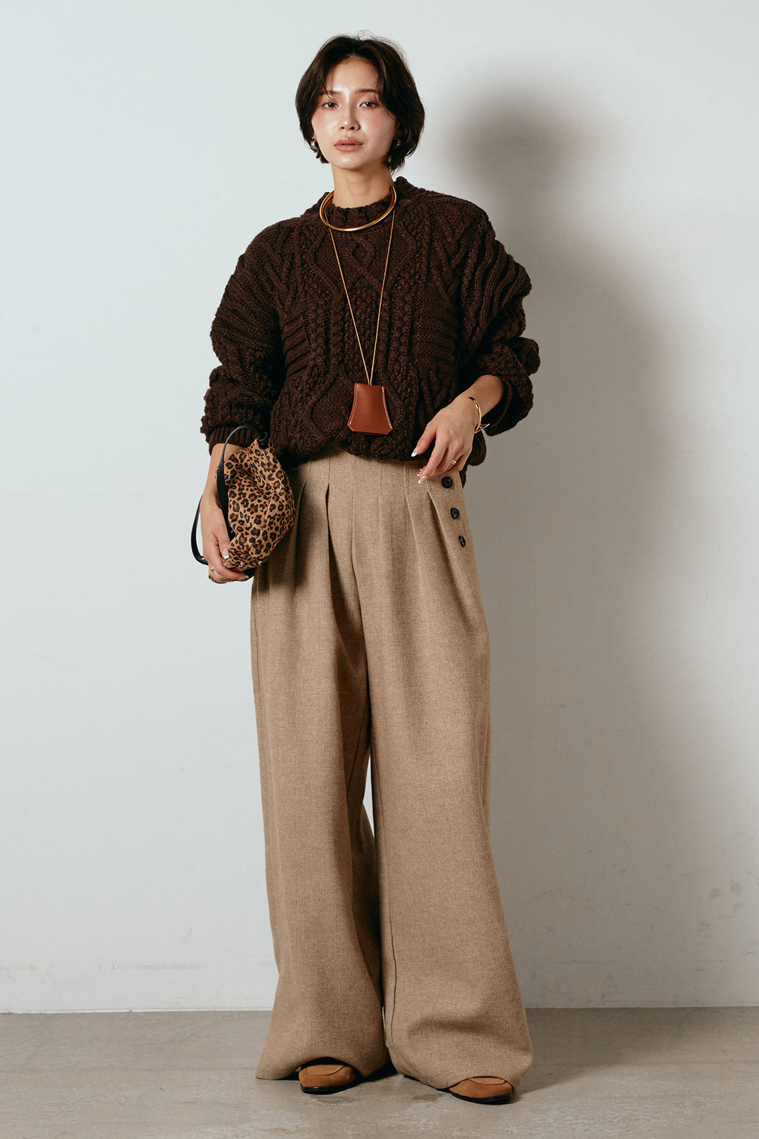 [SET]アラン柄ミックスケーブルニット+サイドボタンツイードタックパンツ(2set)