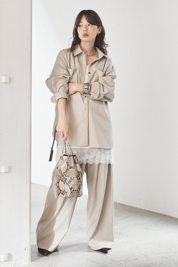 [SET]ウォッシャブルエコレザービックカフスシャツ+ウォッシャブルエコレザータックパンツ(2set)