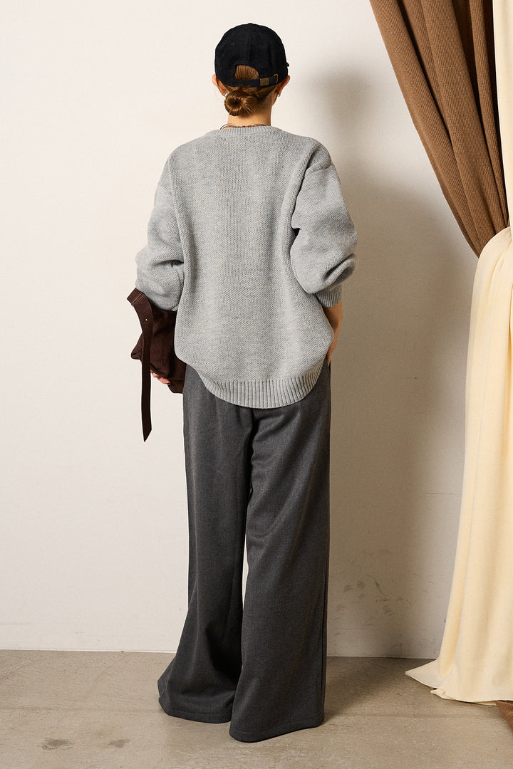 [SET]アニマルジャガード柄ニットトップス+巻ベルトウエストレザーライクワイドパンツ(2set)