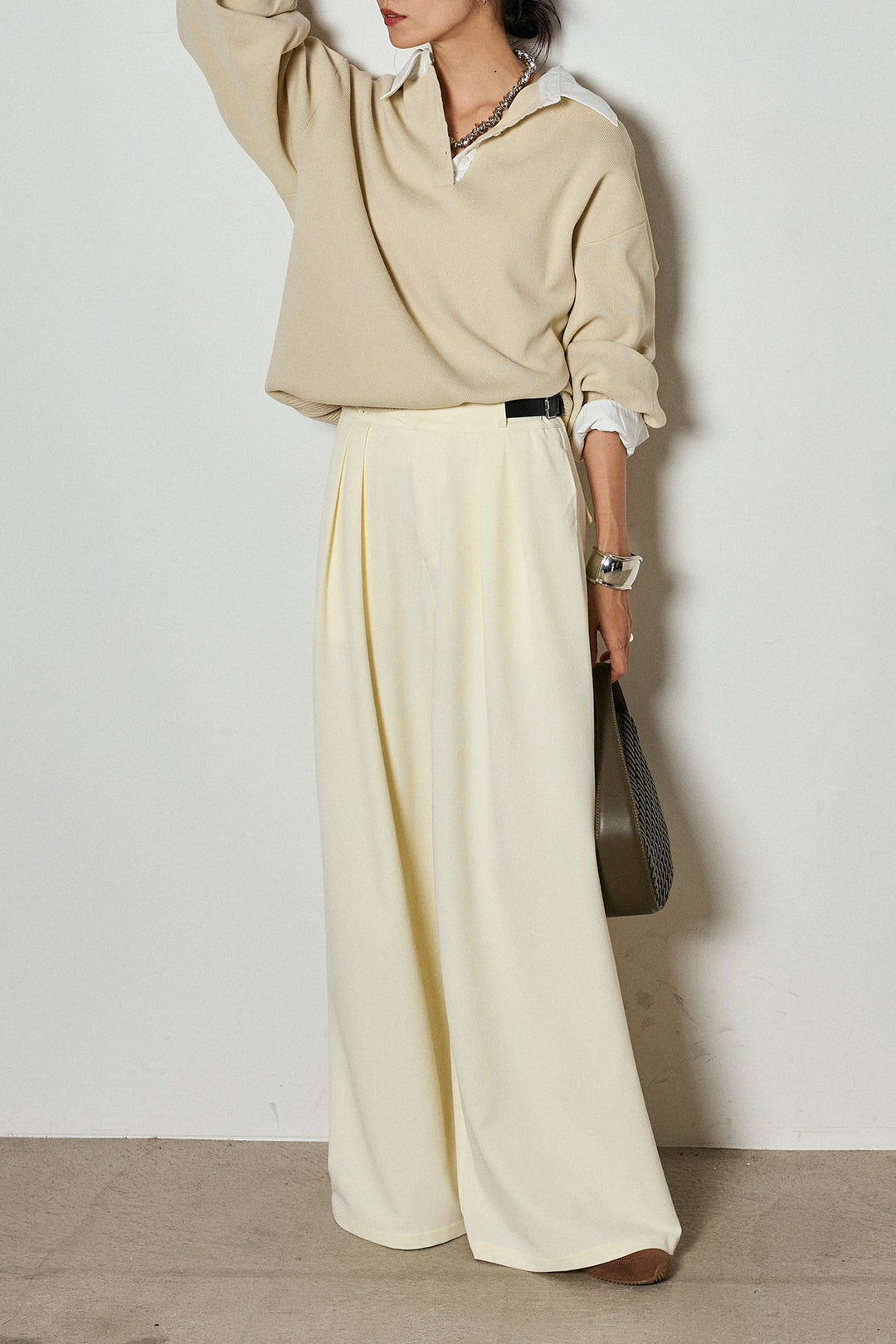 【即納】ウエストベルト付きタックワイドパンツ