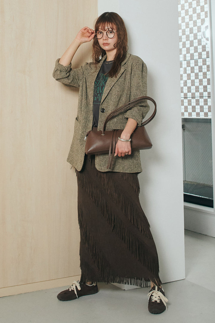 [SET]半袖TIMEロゴカットソー+斜めフリンジデザインスカート(2set)