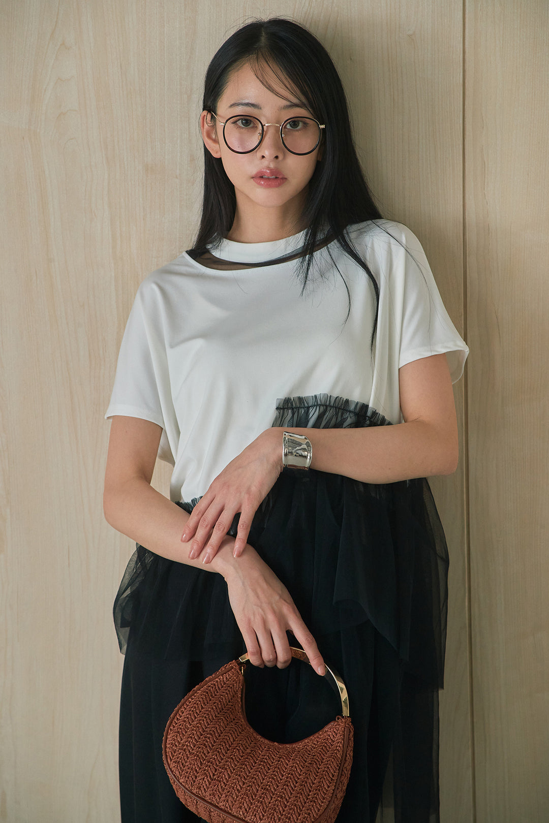 [SET]アシンメトリーチュールフリルTシャツ+ウエストデザインタックワイドパンツ(2set)