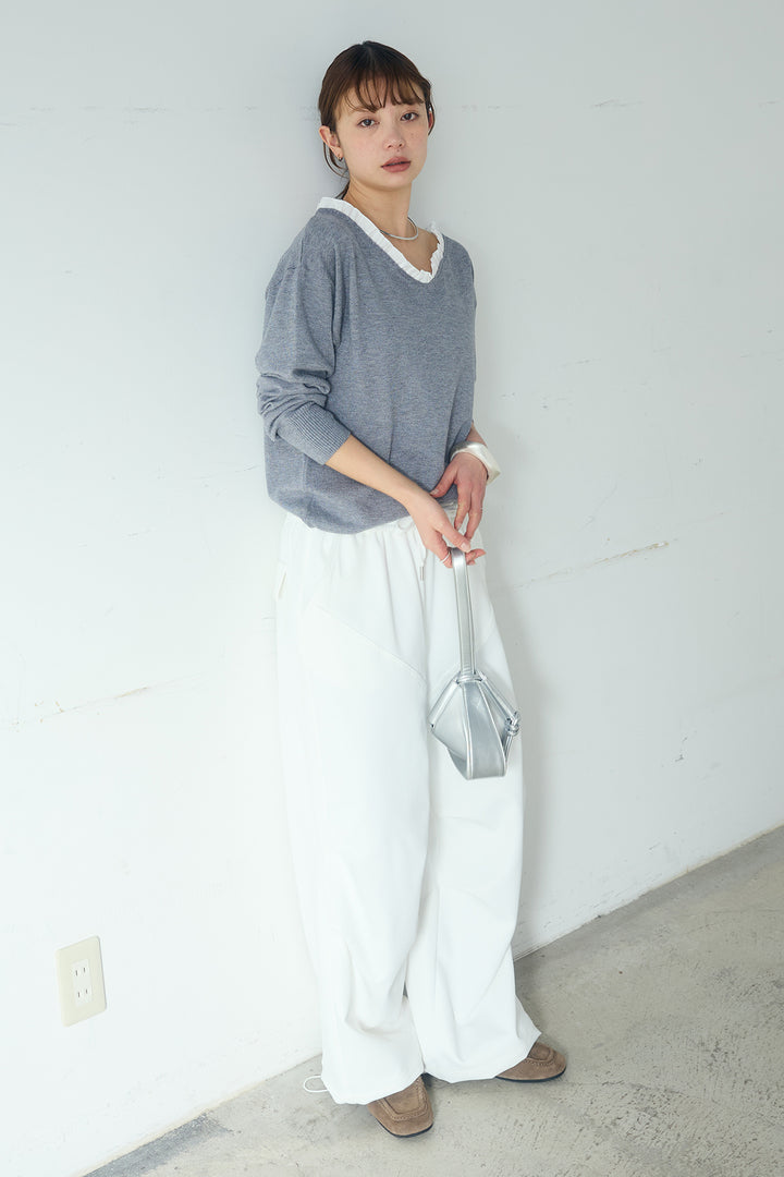 [SET]クールクール異素材コンビオフショルプルオーバー+ランダムタックデザインワイドパンツ(2set)