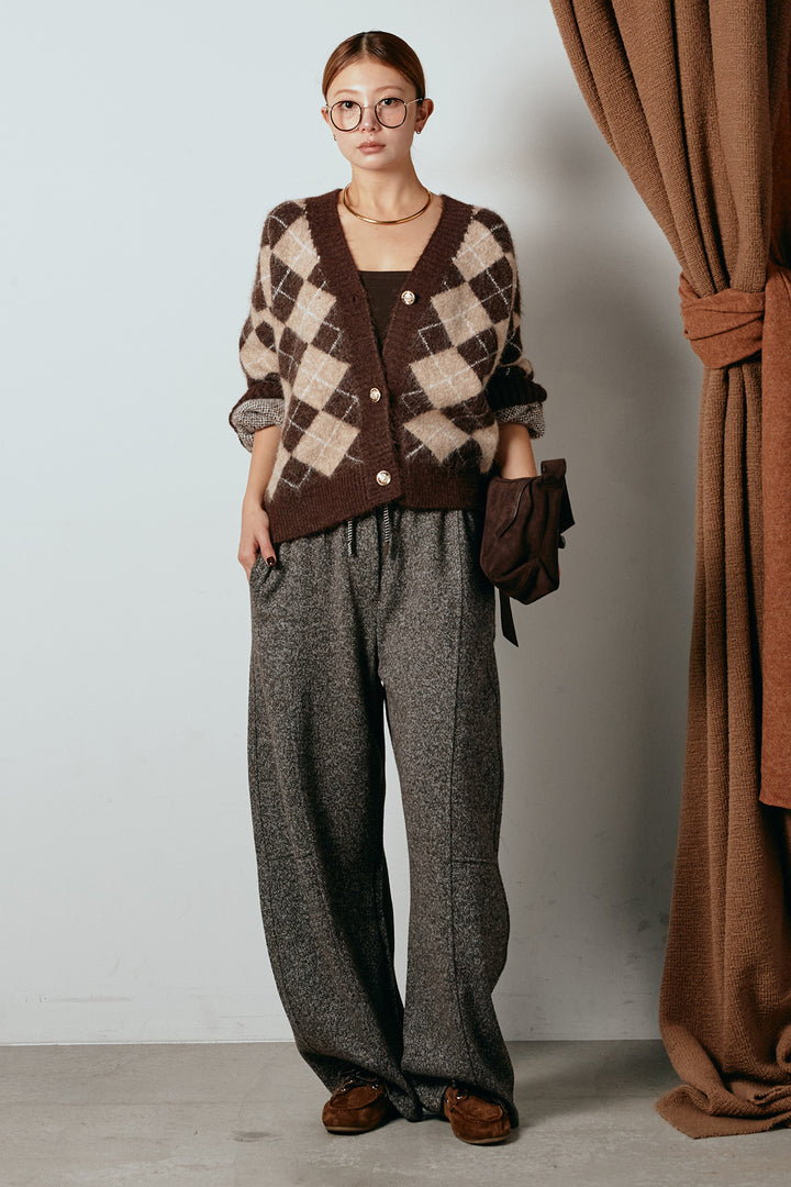 [SET]オーバーサイズ総柄Vネックニットカーディガン+杢ニットフレアパンツ(2set)